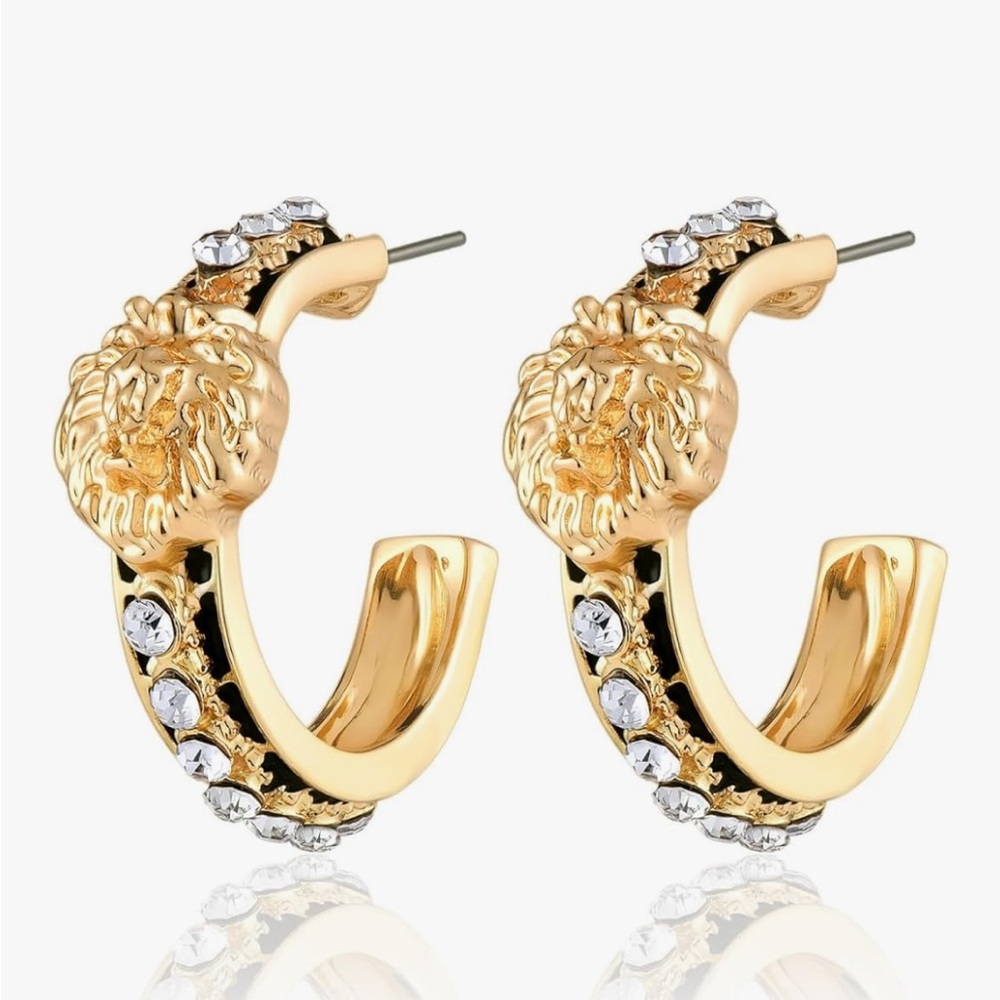 Gold-tone Lion Head Hoop Stud Earrings with Black Enamel